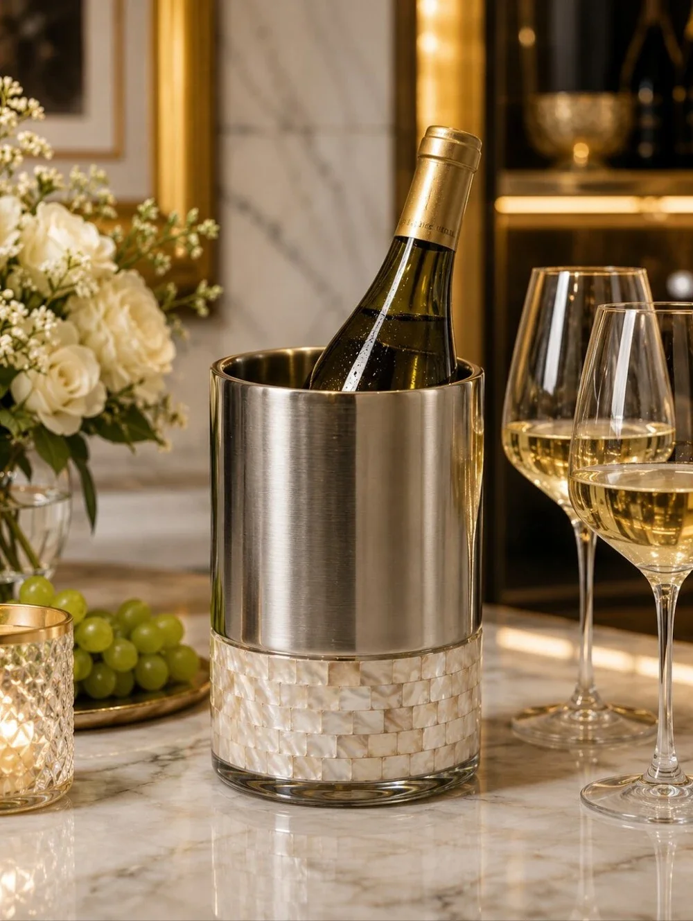 ANNA New York Mother of Pearl Wine Chiller – Stainless Steel – Luxury Barware
